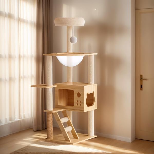 48.8 Wooden Cat Tower Tree for Indoor Cats with Acrylic Hammock, Multi-Level Condo, Sisal Scratching Posts & Top Perch for Play, Rest, Climb & Lounge