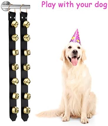 Frienda Hanging Jingle Sleigh Bells 7-Bell Dog Doorbells for Door Knob Faux Leather Belts Go Outside Dog Bells Christmas Decor and Holiday Decorations, 18.7 x 1.8 x 1 Inches(Black with Gold)