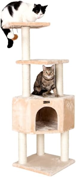Maykoosh Cat Tower - 3 Level Real Wood Cat Tree - Kittens Play & Rest - 48" High - Beige
