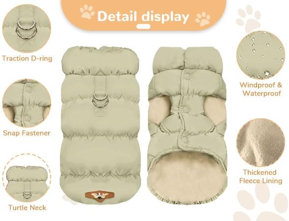 Winter Warm Dog Jacket for Small Medium Dogs Cat Cold Weather Coats with Harness Paded Dogs Fleece Vest Waterproof Windproof Dog Snow Jacket Pet Puppy Clothes (Khaki,XL)