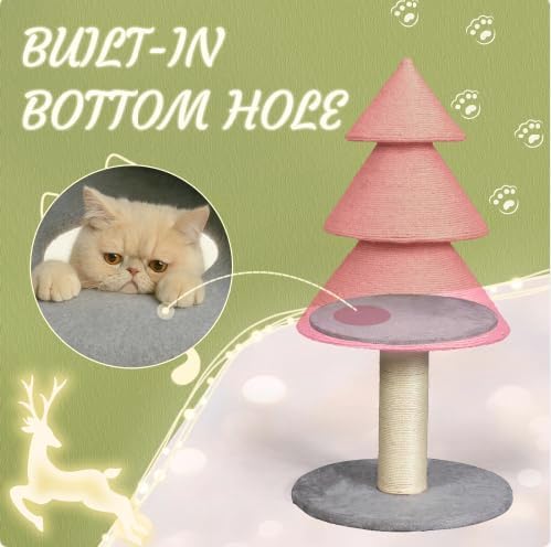 VINGLI 31.5in Christmas Tree Cat Scratcher, Pink Cat Scratching Post for Indoor Cats, Large Sisal Cat Scratching Tree Tower with Soft Fleece Base, Stable Cat Tree for Kittens & Adult Cats