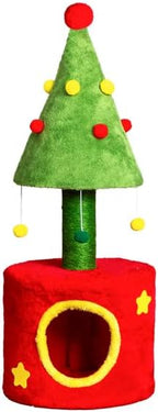 Christmas Themed 30in Cat Scratching Post with Cozy Hideaway Cat House - Small Cat Tree Tower for Indoor Kitten/Cat, Sisal Post, Interactive Hanging Balls, Festive Red & Green Home Decor