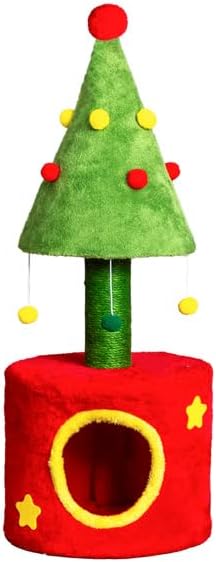 Christmas Themed 30in Cat Scratching Post with Cozy Hideaway Cat House - Small Cat Tree Tower for Indoor Kitten/Cat, Sisal Post, Interactive Hanging Balls, Festive Red & Green Home Decor