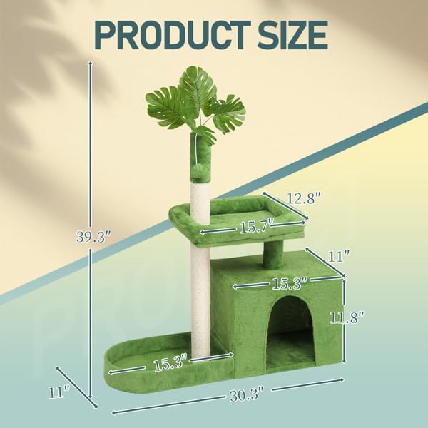 36in Leaf Cat Tree for Indoor Cats, Multi-Level Cat Tower with Condo, Padded Perch, Sisal Scratching Posts, Dangling Ball, Modern Green Cat Furniture for Kittens and Small Cats