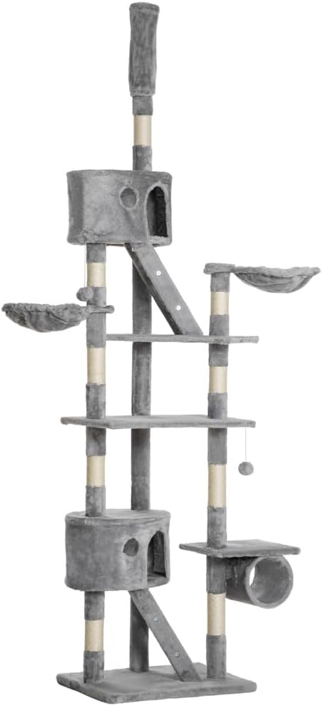 Stylish Cat Tree Tower with Sisal Scratching Posts, Cozy Condo, and Plush Perches for Climbing, Resting, and Play (Light Gray + Pine + Polyester)