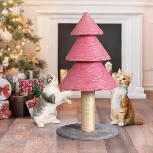 VINGLI 31.5in Christmas Tree Cat Scratcher, Pink Cat Scratching Post for Indoor Cats, Large Sisal Cat Scratching Tree Tower with Soft Fleece Base, Stable Cat Tree for Kittens & Adult Cats