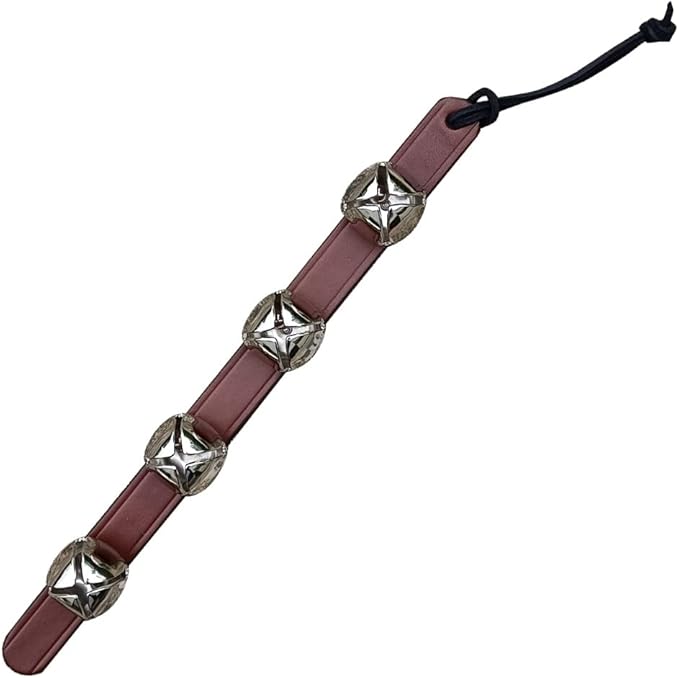 Rustic Red Door Co. Hanging Jingle Sleigh Bells on Leather Strap for Door Knob, Dog to Go Outside, Pet Puppy Potty Training, Christmas Decor, 4 Silver Plated, 14" Straip, Brown
