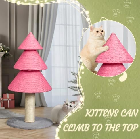 VINGLI 31.5in Christmas Tree Cat Scratcher, Pink Cat Scratching Post for Indoor Cats, Large Sisal Cat Scratching Tree Tower with Soft Fleece Base, Stable Cat Tree for Kittens & Adult Cats