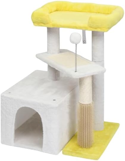 27.5in Multi-Level Cat Tree Tower for Indoor Cats with Cozy Condo, Sisal Scratching Post and Pad, Soft Top Perch, Play Ball, Yellow White Modern Cat Furniture