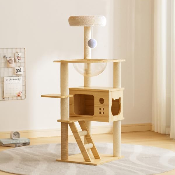 48.8 Wooden Cat Tower Tree for Indoor Cats with Acrylic Hammock, Multi-Level Condo, Sisal Scratching Posts & Top Perch for Play, Rest, Climb & Lounge