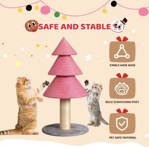 VINGLI 31.5in Christmas Tree Cat Scratcher, Pink Cat Scratching Post for Indoor Cats, Large Sisal Cat Scratching Tree Tower with Soft Fleece Base, Stable Cat Tree for Kittens & Adult Cats