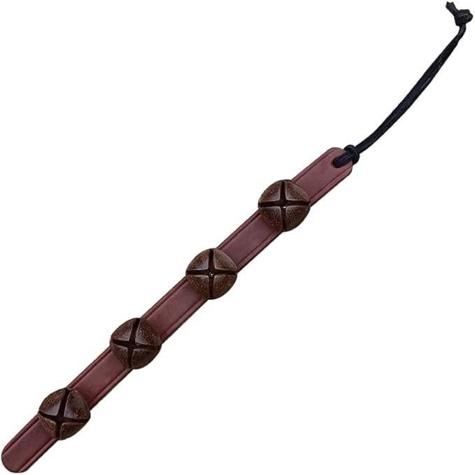 Rustic Red Door Co. Hanging Jingle Sleigh Bells on Leather Strap for Door Knob, Dog to Go Outside, Pet Puppy Potty Training, Christmas Decor, 4 Vintage Finish Bells, 14" Straip, Brown