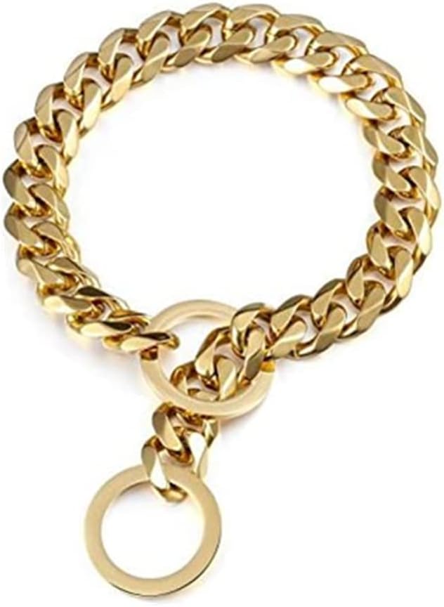 Gold Dog Collar 18K Gold P Chain 11MM/15MM/19MM Cuban Link Chain Collar Walking Trainning for Small Medium Large Dogs 12inch to 26inch(19mm,24inch)