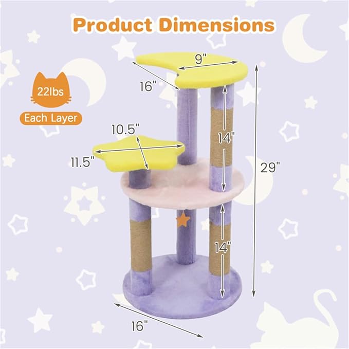 Moon & Star Themed Cat Tree Tower, 29" Tall, Cute Cat Tree for Indoor Cats, 4-Tier Cat Tree Tower for Indoor Cats with Jute Scratching Posts (Purple)