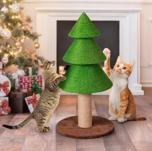 VINGLI 31.5in Christmas Tree Cat Scratcher, Grass Green Cat Scratching Post for Indoor Cats, Large Sisal Cat Scratching Tree Tower with Soft Fleece Base, Stable Cat Tree for Kittens & Adult Cats