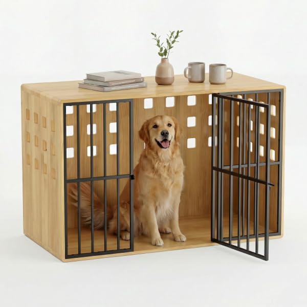 Extra Large Dog Crate Furniture, 47.2 Inches Wooden Dog Crates for Medium & Large, Decorative Kennel Indoor with Lockable Door, Heavy Duty Pet Crate Side Tbale for Living Room, Natural