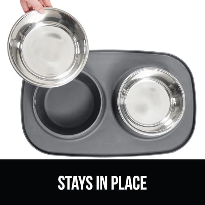 GORILLA GRIP Feeding Mat Bowl Set, 4 Cup 100% Waterproof BPA Free Silicone Base, 304 Stainless Steel Cat and Dog Bowls for Food and Water, Slip Resistant, High Edge, US Designed, Patent Pending, Gray