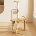 Stylish Cat Tree Tower with Scratching Posts, Cozy Hammock, and Elevated Perch for Indoor Cats – Modern Wooden Design (Natural+White + MDF-1)