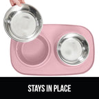 GORILLA GRIP Feeding Mat Bowl Set, 100% Waterproof BPA Free Silicone Base, 304 Stainless Steel Cat and Dog Bowls for Food and Water, Slip Resistant, High Edge, US Designed, Patent Pending, 2 Cup Pink
