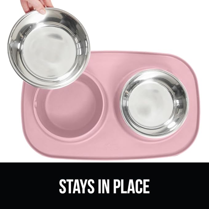 GORILLA GRIP Feeding Mat Bowl Set, 100% Waterproof BPA Free Silicone Base, 304 Stainless Steel Cat and Dog Bowls for Food and Water, Slip Resistant, High Edge, US Designed, Patent Pending, 1 Cup Pink