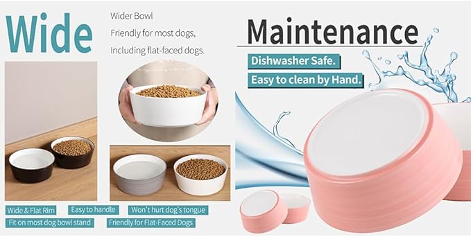 Pink Elevated/Raised Dog Bowl Ceramic with Wood Stand for Medium Large Breed,Dog Food Water Dish Heavy Weighted,8 in Non Slip Modern Cute Porcelain Pet Bowl Extra Large Wide Mouth