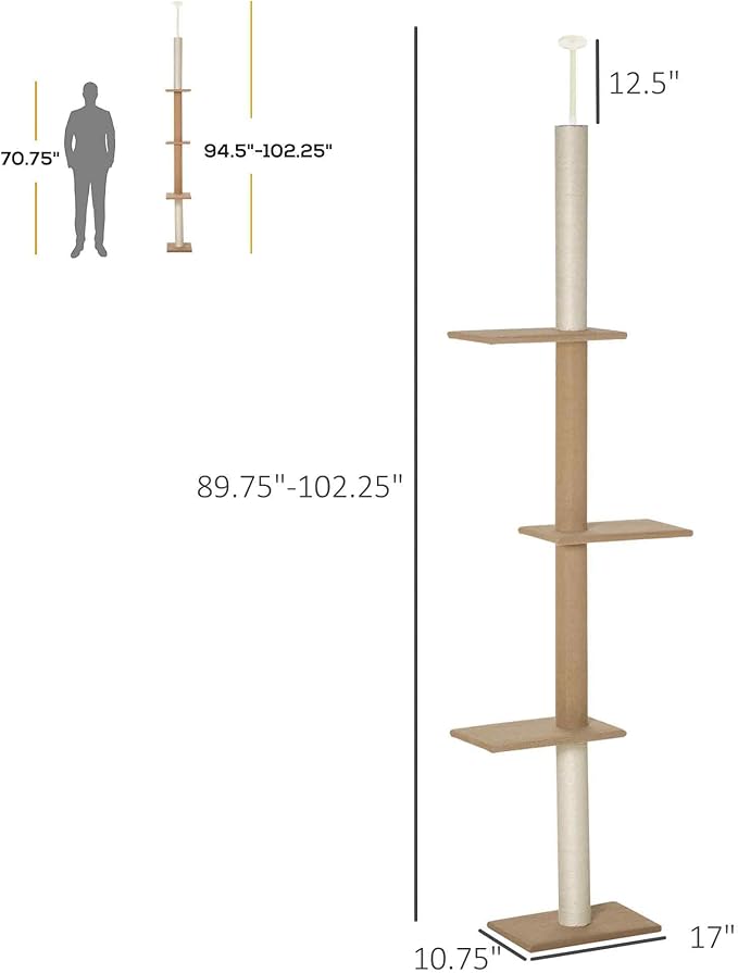 Floor-to-Ceiling Cat Tree, 17x10.8x102.3 Inches, All Breed Sizes, Climbing and Jumping, Particle Board, Floor Mount, Light Brown