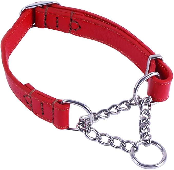 Love Dream Martingale Collars for Dogs, Leather Training Dog Collar, Stainless Steel Chain Anti-Escape No Pull Dog Collar for Medium Large Dogs (S(11.8"-16.9"), Red)