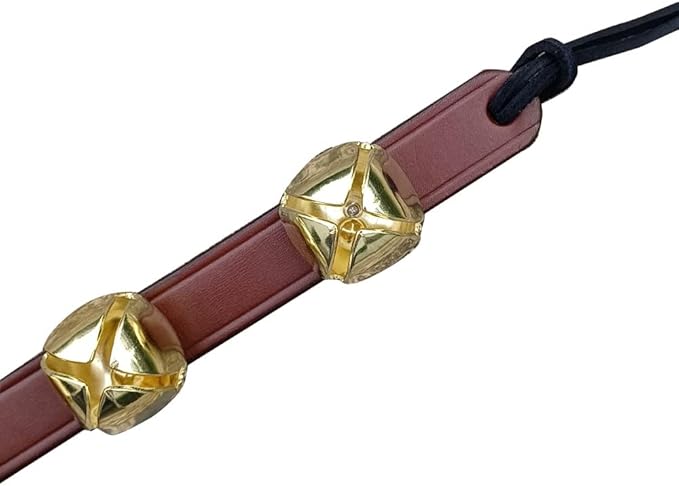 Rustic Red Door Co. Hanging Jingle Sleigh Bells on Leather Strap for Door Knob, Dog to Go Outside, Pet Puppy Potty Training, Christmas Decor, 4 Brass Plated, 14" Straip, Brown