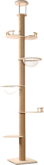 PawGiant Floor to Ceiling Cat Tree, Cat Tower with Adjustable Height 106-110", Sturdy 6-Tier Cat Climbing Stand with 2 Space Capsules & Scratching Posts, No Drilling for Indoor Multi-Cats