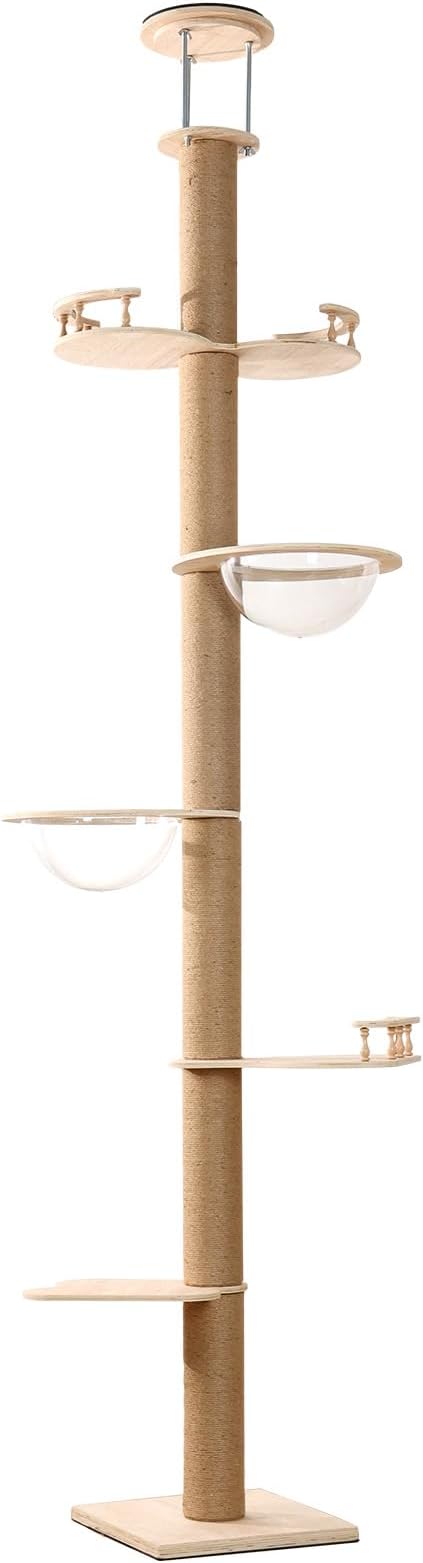 PawGiant Floor to Ceiling Cat Tree, Cat Tower with Adjustable Height 106-110", Sturdy 6-Tier Cat Climbing Stand with 2 Space Capsules & Scratching Posts, No Drilling for Indoor Multi-Cats