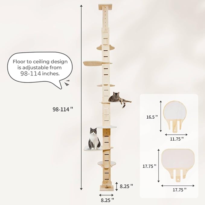 COZIWOW Floor to Ceiling Cat Tree for Large Cats, Cat Tower with Non-Slip Platforms 7 Tier Tall Climbing Pole with Adjustable Height (98-114 Inches) Modern Climbing Tower, Wood, Indoor