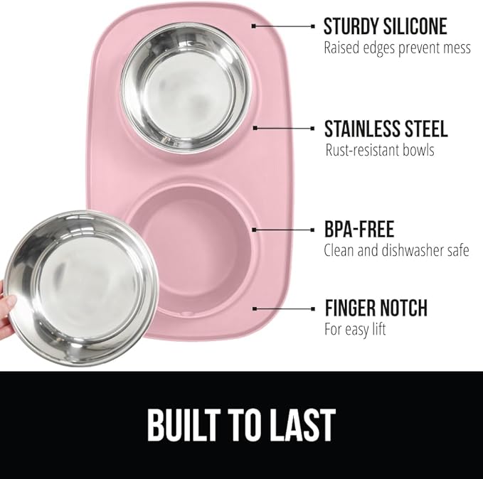GORILLA GRIP Feeding Mat Bowl Set, 100% Waterproof BPA Free Silicone Base, 304 Stainless Steel Cat and Dog Bowls for Food and Water, Slip Resistant, High Edge, US Designed, Patent Pending, 2 Cup Pink