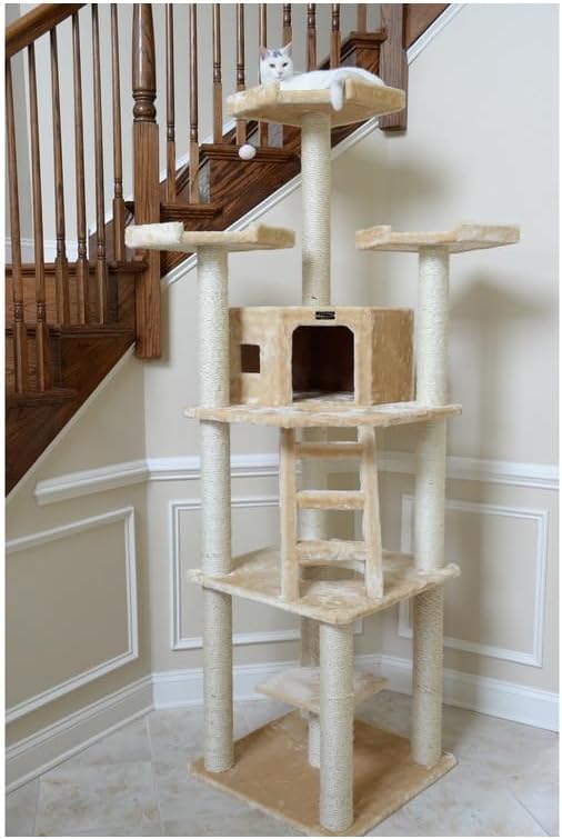 Cat Tower Condo - Multi-Level Cat Tree with Scratching Posts & Perches - Beige Faux Fur