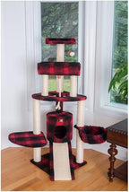 Cat Tree Multi-Level with Basket & Perch - Faux Fleece Cover - 46" x 31" x 58" - Black Red Plaid