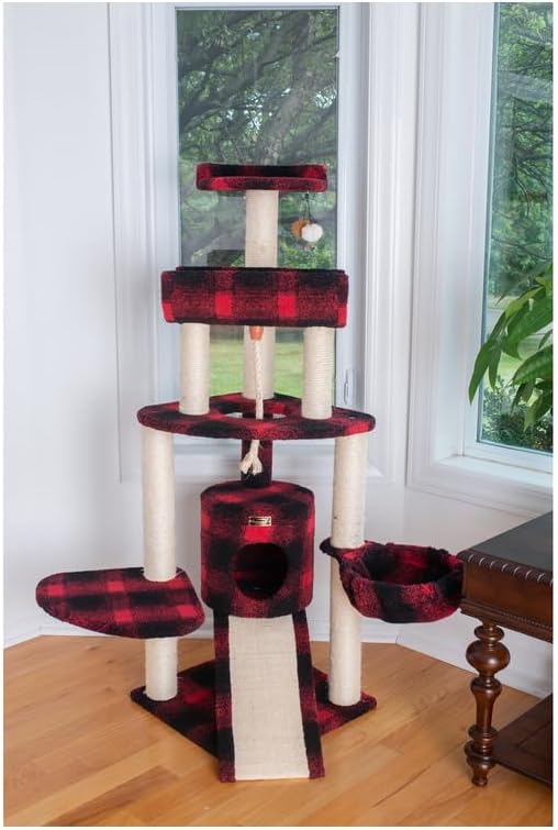 Cat Tree Multi-Level with Basket & Perch - Faux Fleece Cover - 46" x 31" x 58" - Black Red Plaid