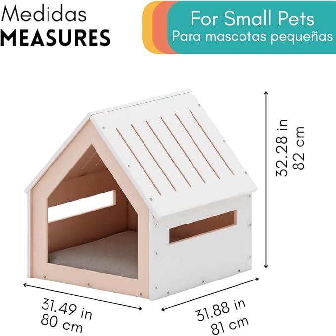 POLIPETS Large House for Pets, Wooden House for Pets for Interiors, Resistant Wood with Cushion for Dog Included, Minimalist, Elegant and Resistant, 32x31.5x31.7 in, Matte White