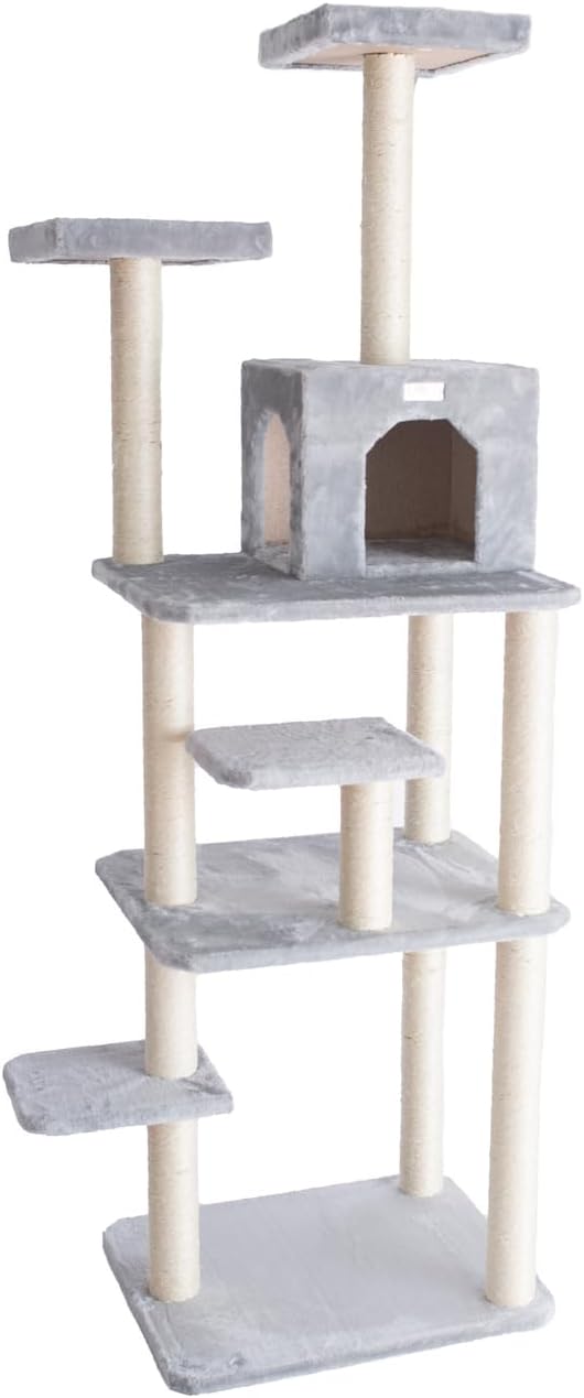 Cat Tree 74" - 7 Level Faux Fur Tower with Playhouse & Perches - Easy Assembly