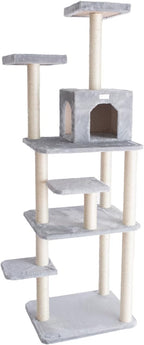Cat Tree 74" - 7 Level Faux Fur Tower with Playhouse & Perches - Easy Assembly