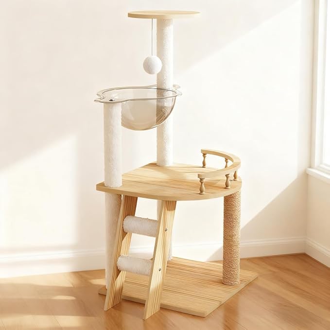 Stylish Cat Tree Tower with Scratching Posts, Cozy Hammock, and Elevated Perch for Indoor Cats – Modern Wooden Design (Natural+White + MDF-1)