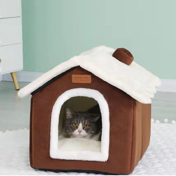 Christmas Cat Bed for Indoor Cats Plaid Xmas Cat Tent Cats Bed Cave for Pets Kittens and Dogs (Coffee, M(18.1 X 14.6 X 15.7 Inch))