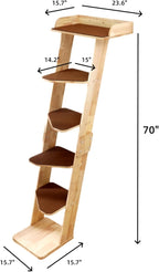 SHENGOCASE Modern 70" Tall Natural Wood 6 Level Leaning Cat Climbing Ladder Tree Tower with Large Perch Platform for Wall Window, Solid Wood Furniture for Multiple Cats