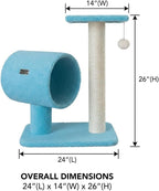 Cat Tree with Scratching Post and Tunnel, Blue Velvet, Natural Sisal Post, 24x14x26 Inches, with Hanging Toy Ball