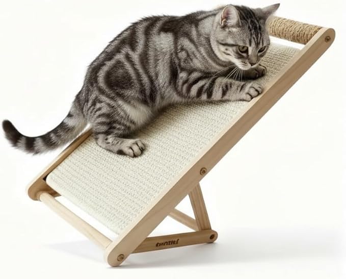 Cat Scratching Pad with 100% Sisal, Stable Triangle Design, 2-Step No-Tool Assembly, 22" Wooden Ramp to Protect Furniture & Sofa, Natural Incline Board for Indoor Cats (Beige)