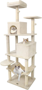 PETSITE Multi-Level Cat Tree, 75 Inches Tall with Sisal Scratching Posts, 2 Condos, Hammock, Dangling Balls, and Cozy Top Perch, Ideal for Indoor Cats to Play and Rest (Beige)