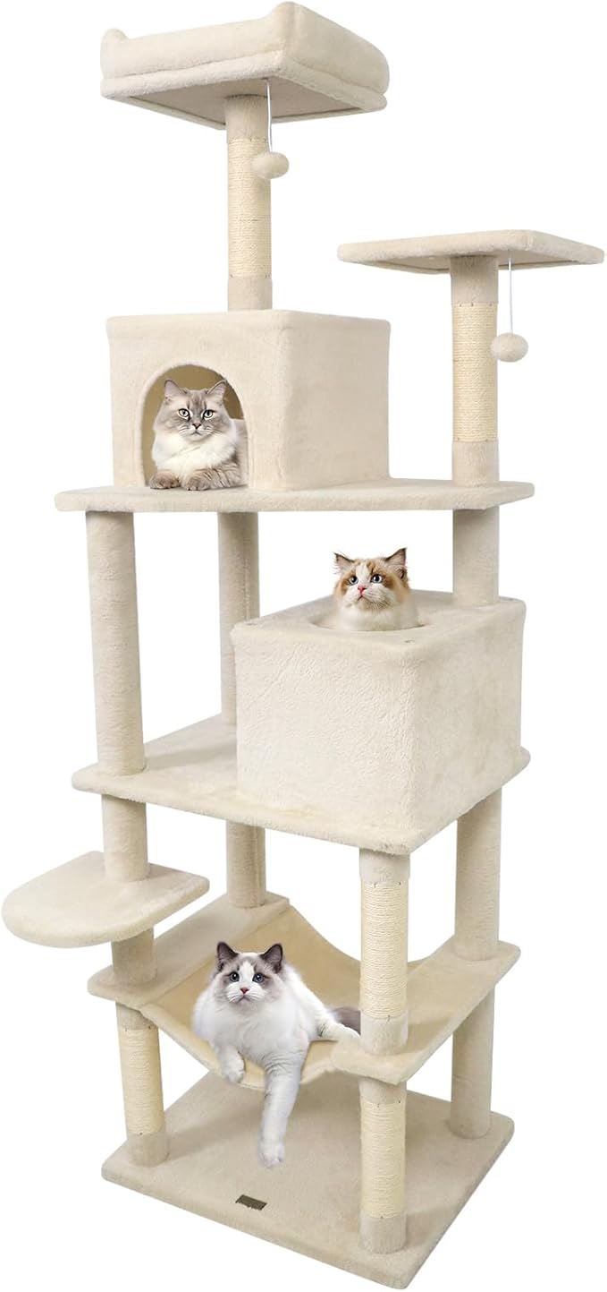 PETSITE Multi-Level Cat Tree, 75 Inches Tall with Sisal Scratching Posts, 2 Condos, Hammock, Dangling Balls, and Cozy Top Perch, Ideal for Indoor Cats to Play and Rest (Beige)