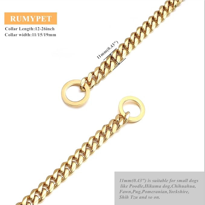 Gold Dog Collar 18K Gold P Chain 11MM/15MM/19MM Cuban Link Chain Collar Walking Trainning for Small Medium Large Dogs 12inch to 26inch(11mm,16inch)