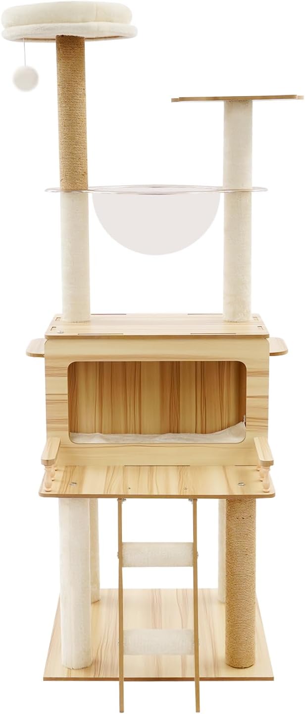 Multilevel Cat Tower 57.9 Inch Tall MDF Cat Tree with Scratching Posts, Climbing Steps and Swing Ball, Wooden Cat Condo Perch for 3-4 Small Cats, Indoor Cats Tree White+Wood Color