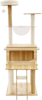 Multilevel Cat Tower 57.9 Inch Tall MDF Cat Tree with Scratching Posts, Climbing Steps and Swing Ball, Wooden Cat Condo Perch for 3-4 Small Cats, Indoor Cats Tree White+Wood Color