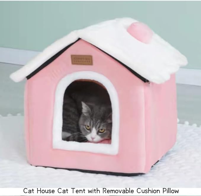 Cat Bed Cave, Cute Christmas Cat Beds for Indoor Cats, Xmas Pet House Cats Tent with Removable Cushion Pillow for Kittens Puppy Small Dogs (Pink-L(20.4 * 16.9 * 19.6in))