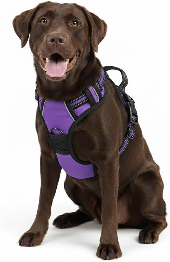 No Pull Dog Harness, Reflective Comfortable Vest Harness with Easy Control Handle Adjustable Soft Padded Pet Vest for Small to X-Large Dogs (Purple, Large (Approx Weight:36.37-49.60 LB))